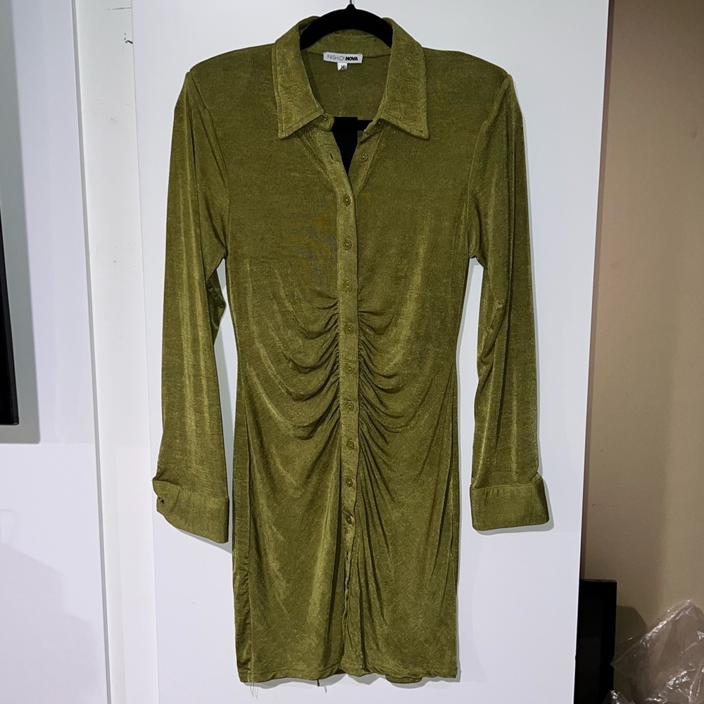 Olive Green Long Sleeve Button Dress 🫒